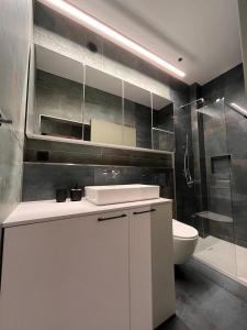 a bathroom with a sink and a toilet and a shower at Pod Palmami in Hel +2 photos