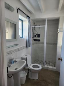 a bathroom with a toilet and a sink and a shower at Hannah's Close in Struisbaai