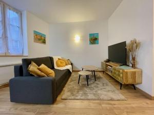 ein Wohnzimmer mit einer blauen Couch und einem Fernseher in der Unterkunft Les Gîtes de l'ile à Metz in Metz