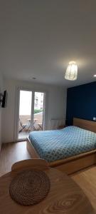 艾克斯莱班Studio Aix-les-Bains的一间卧室设有蓝色的床和大窗户