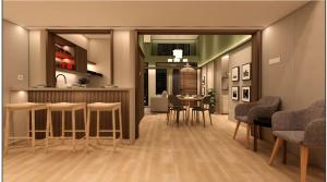 Una cocina y un comedor con mesas y sillas. en Lioravilla Suite Lioravilla Suite - Jacuzzi & Billiard in KBP, en Padalarang