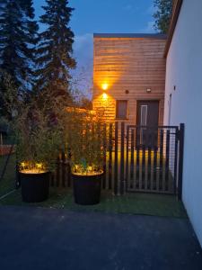 a house with two potted plants in front of a fence at Maisonnette Rétro Loc in Amfréville
