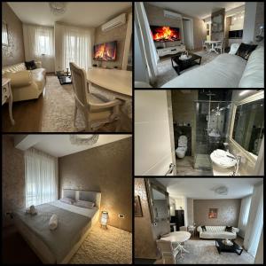 莫斯塔尔Apartman VIP的一张酒店房间四张照片的拼贴图