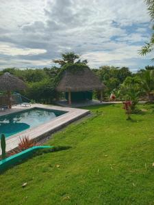 un patio trasero con piscina y una cabaña en Finca Zayan, en El Copé