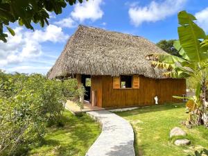 a house with a thatched roof and a pathway at Finca Zayan in El Copé