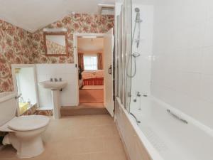 a bathroom with a toilet and a tub and a sink at 6 Church Lane in Llanidloes +10 photos