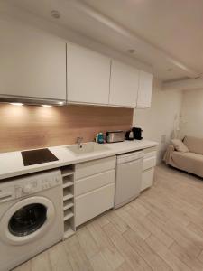 una cocina con fregadero y lavadora en La Glycine Hypercentre et tout confort, en Deauville