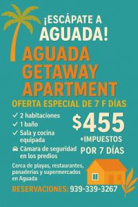 a flyer for a vacation rental agency with a palm tree at Aguada Get Away Apartment 