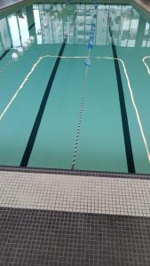 a swimming pool in a building with a blue pool at Collin's Humble place in Toronto