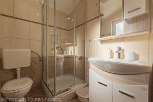 a bathroom with a shower and a toilet and a sink at Sladana direct at the beach in Metajna +104 photos