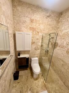 JuanDolio Penthouse 3 bedrooms Beachfront frente a hemingway في Los Corrales: حمام مزود بمرحاض ودش زجاجي