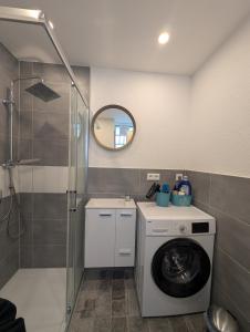 bagno con lavatrice e doccia di Gemütliche 2 Zimmer Wohnung a Göppingen