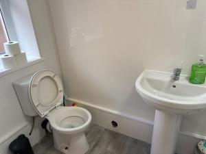een witte badkamer met een toilet en een wastafel bij Zinoc Seaside Apartment in Murton