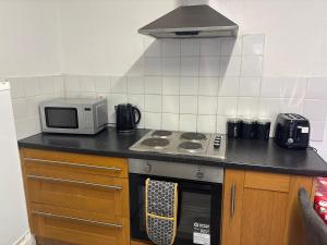 een keuken met een fornuis en een magnetron bij Zinoc Seaside Apartment in Murton +6 foto's