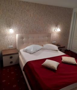 a bedroom with a large bed with white sheets and pillows at Casa Adelina in Băile Herculane