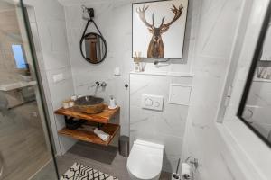 a bathroom with a toilet and a picture of a deer at Chalet 8p Villars-sur-Ollon, Parking et Jardin in Ollon +26 photos