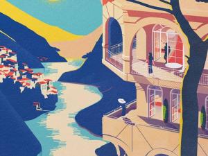 アメリー・レ・バン・パラルダにあるAppartement F2 Confortable à Amélie-les-Bains – Balcon, Parking, Proche Thermes, Animaux Bienvenus - FR-1-703-15の川の横の建物絵画