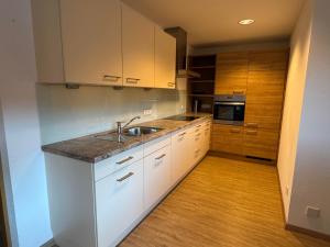 kuchnia z białymi szafkami i zlewem w obiekcie Ferienwohnung Eichenspaziert w mieście Hart im Zillertal