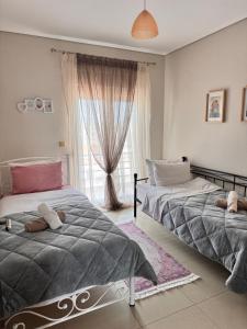 twee bedden in een slaapkamer met een raam bij Zoe's Luxury Homes in Alexandroupoli