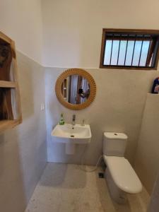 a bathroom with a sink and a toilet and a mirror at Hondo Hondo mountain view in Lushoto