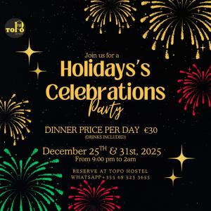 ティラナにあるTOPO Hostelの花火を伴う休日のお祝いパーティーのポスター