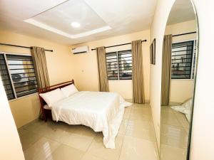a bedroom with a bed and a mirror at The Yellow Throw House in Maryland