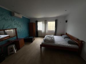 Un dormitorio con una cama grande y un espejo. en G-CITY Hostel, en Subotica