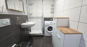 a small bathroom with a washing machine and a sink at Ferienwohnung Möwe in Schönberg