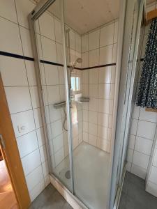 una ducha con puerta de cristal en un baño en Chalet Montis, en Bellwald