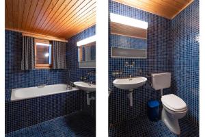 Un baño con azulejos azules, inodoro y lavabo. en Chalet Montis, en Bellwald