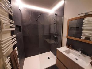 a bathroom with a shower and a sink at Driemaster, Stijlvol appartement met uitzicht op jachthaven en privé parking, centrum Oostende in Ostend