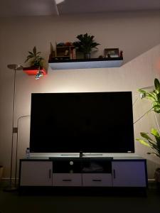 a large flat screen tv sitting on a entertainment center at Friendly apartment with friendly pet in Riyadh +6 photos