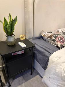ein Tisch mit einer Pflanze neben einem Bett in der Unterkunft Friendly apartment with friendly pet in Riad