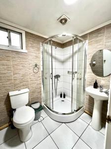 un bagno con doccia, WC e lavandino di Hostal Las Heras a Temuco