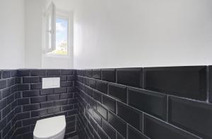 a black and white bathroom with a toilet and a window at Charmant T2 Alfortville in Alfortville