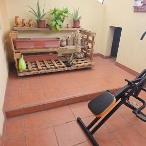 una sedia seduta su un pavimento piastrellato con piante di Casa grande cerca de todo a Cuenca