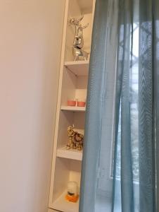 a book shelf with a blue curtain next to a window at Studio San in Arandjelovac