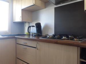 eine Küche mit einem Herd mit Backofen auf einer Theke in der Unterkunft NORDSEE GLAMPING MobilheimChalet 2154 in Bredene