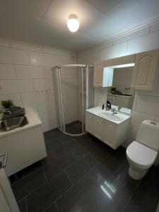 a bathroom with a sink and a toilet and a shower at 3 min til Skibakken - WiFi - Parkering - Varme in Vossevangen