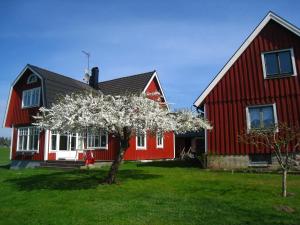 una casa rossa con un albero di fronte di Kråkeskogsgården, nature in town a Osby