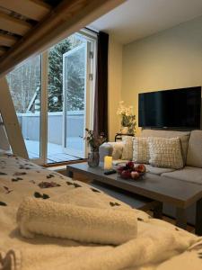 a living room with a couch and a tv at Resort by the Lake - Pool & Sauna in Vossevangen