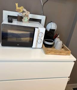 un microondas sentado en la parte superior de una cómoda blanca en Break@Bruges, en Brujas