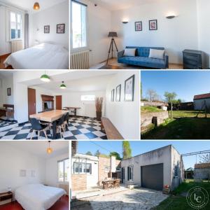 eine Collage mit Fotos von einem Schlafzimmer und einem Haus in der Unterkunft Maison Le Damier - Proche Center Parcs et Lamotte Beuvron - 3 chambres in La Ferté-Saint-Aubin