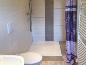 un bagno con doccia e WC di Ferienwohnung Feldhofs a Medebach