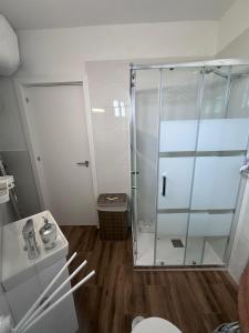 a bathroom with a glass shower and a toilet at Casita Esperanza in Santa Catalina