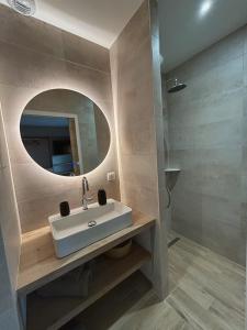 a bathroom with a sink and a mirror at Vignes au Balcon in Villers-Marmery +34 photos