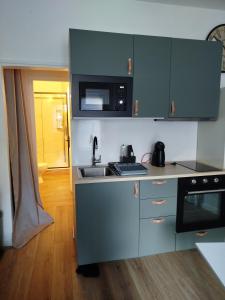 a kitchen with a sink and a microwave at T2 d'Anne proche plage et marché in La Baule +7 photos