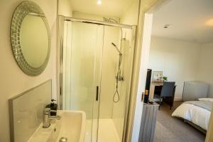 Queens Court Ensuite Studio في ستوك أون ترينت: حمام مع دش ومغسلة ومرآة +11 صورة