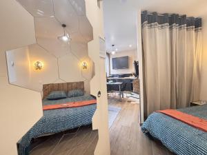 a room with two beds and a mirror at Le Sweety - Studio - 1 lit - 2 personnes in Châtel-Guyon