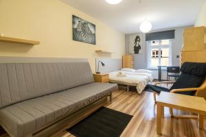 a living room with a couch and a bed at Katowice Central Apartment by BookingHost in Katowice